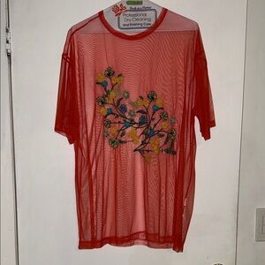 Zara Red Sheer Embroidered Tee
